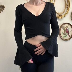 Cheryl Creations Vintage Y2K Goth Bell Sleeve Cropped Top S Black Nylon Lycra